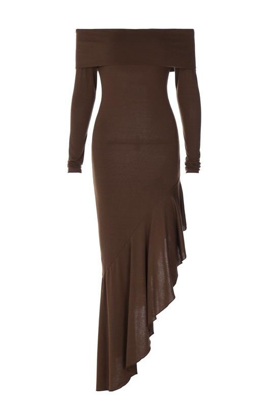 Brown off-shoulder dress with ruffled skirt on a white background