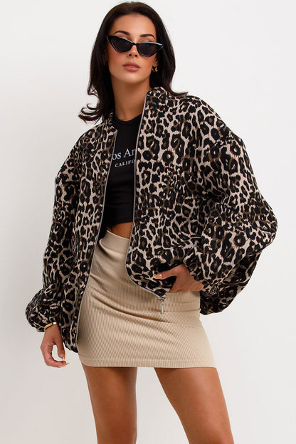 Retro Leopard Print Coat – O-Neck Zip-Up
