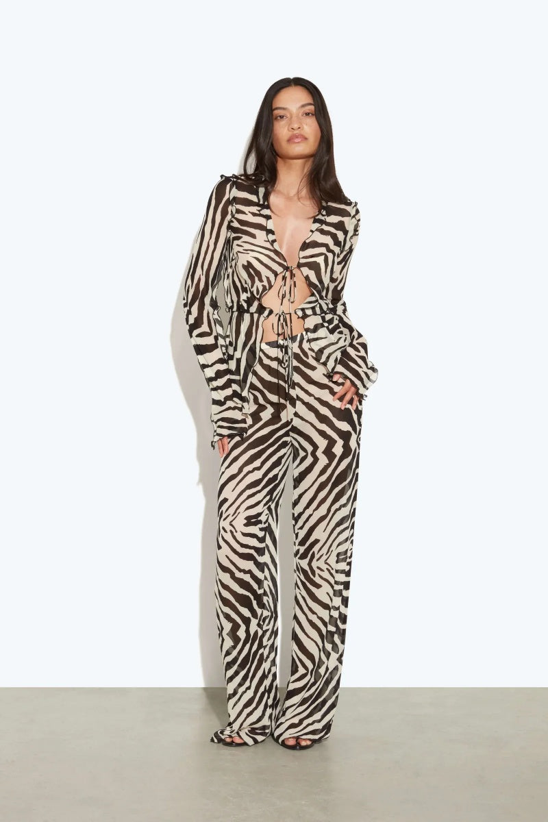 Striped Print Lace-Up Long-Sleeved Shirt And Pants Set