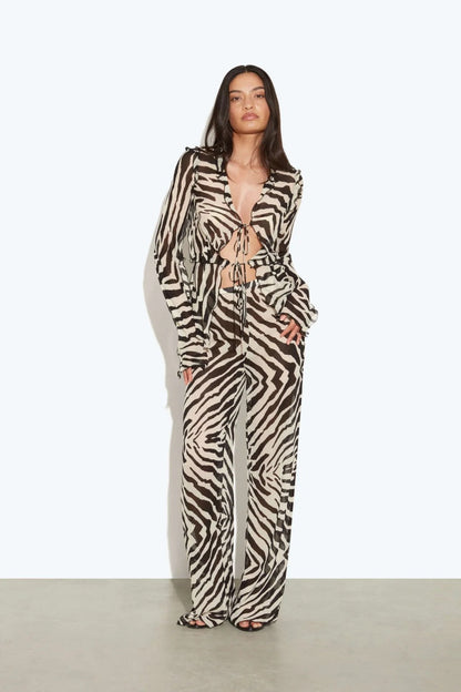 Striped Print Lace-Up Long-Sleeved Shirt And Pants Set