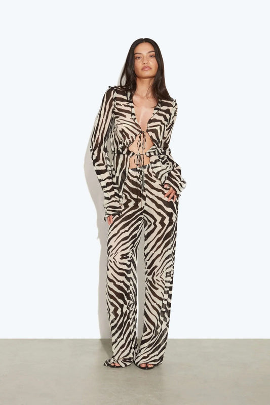 Striped Print Lace-Up Long-Sleeved Shirt And Pants Set