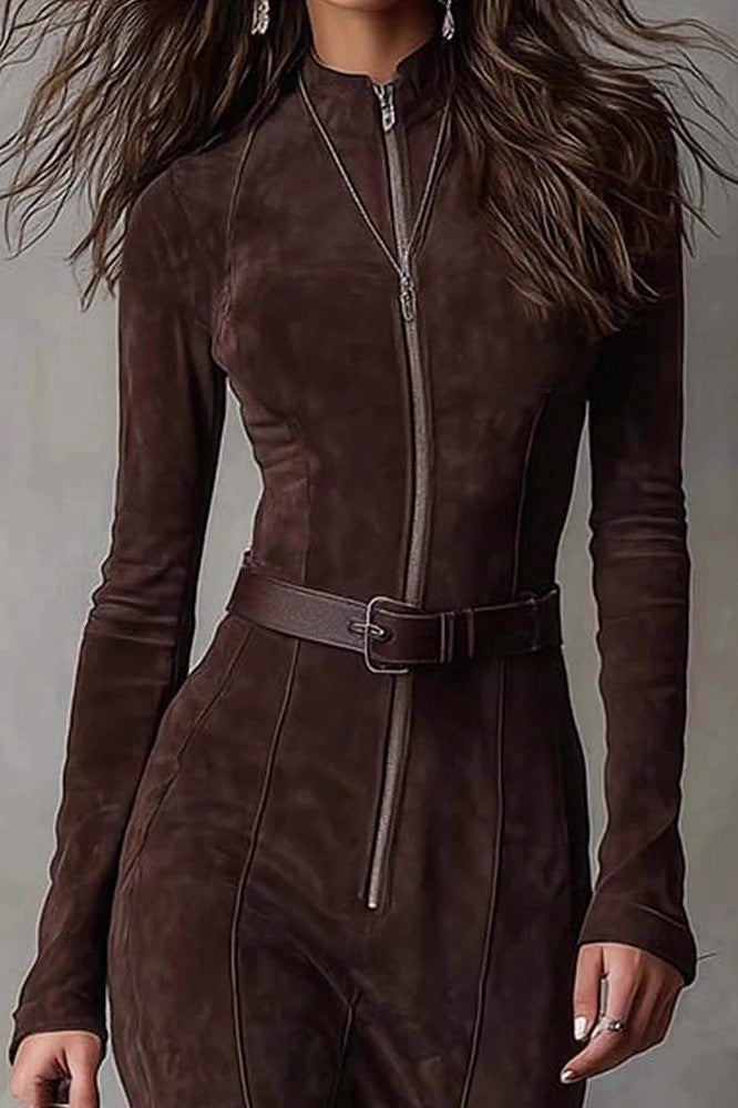 Brown suede jumpsuit with a belt on a plain background