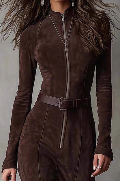 Brown suede jumpsuit with a belt on a plain background